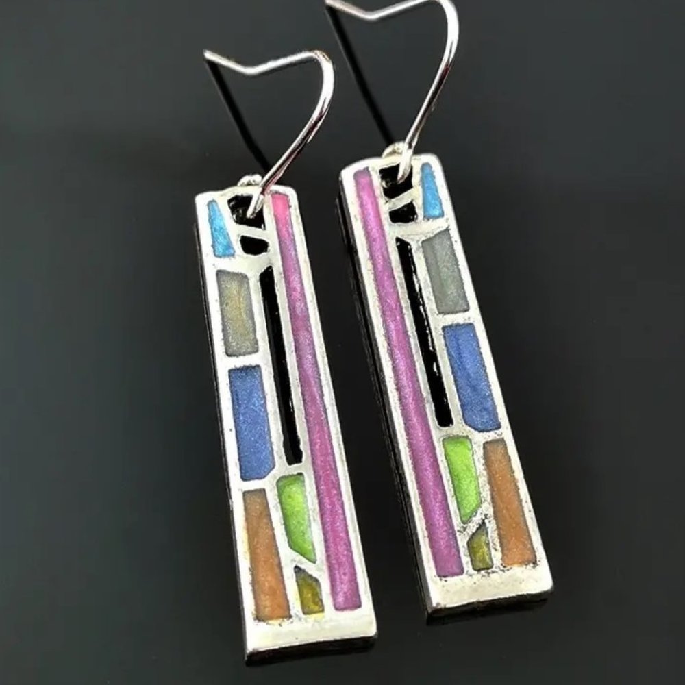Vintage Handmade Carved Pattern Colorful Silver Dangle Earrings Silver - NEW